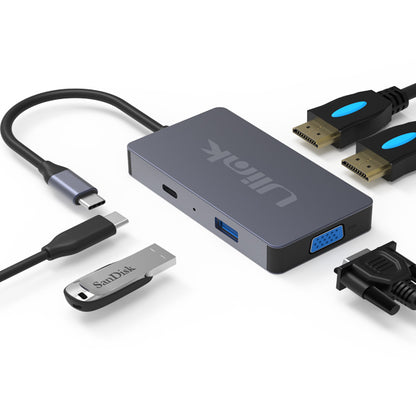 Adaptador multipuerto USB C 5 en 1 , HDMI*2, USB3.0*1, PD*1 , VGA*1, aluminio / UL-ADC501V