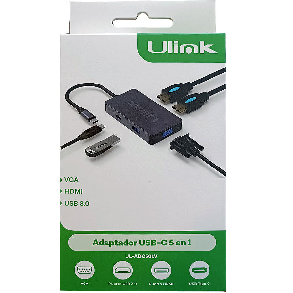 Adaptador multipuerto USB C 5 en 1 , HDMI*2, USB3.0*1, PD*1 , VGA*1, aluminio / UL-ADC501V