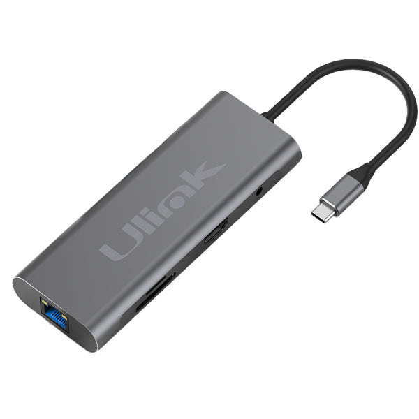 Adaptador multipuerto USB C 9 en 1 , HDMI*1, USB3.0*3, PD*1 ,SD*1, TF*1, LAN10/100/1000*1 , audio 3,5mm*1, aluminio / UL-ADC901
