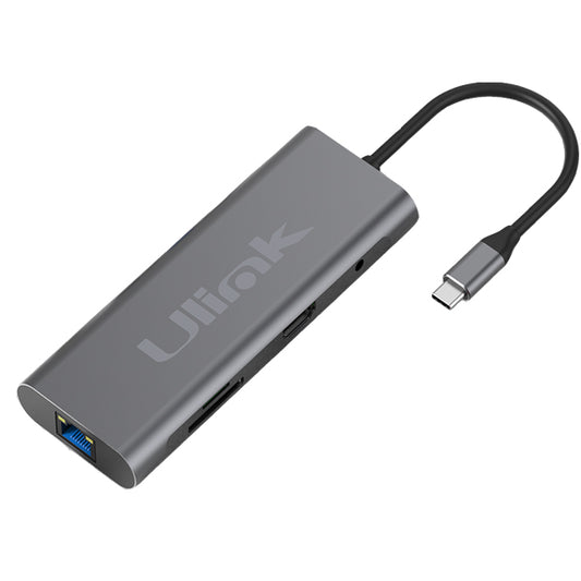Adaptador multipuerto USB C 9 en 1 , HDMI*1, USB3.0*3, PD*1 ,SD*1, TF*1, LAN10/100/1000*1 , audio 3,5mm*1, aluminio / UL-ADC901