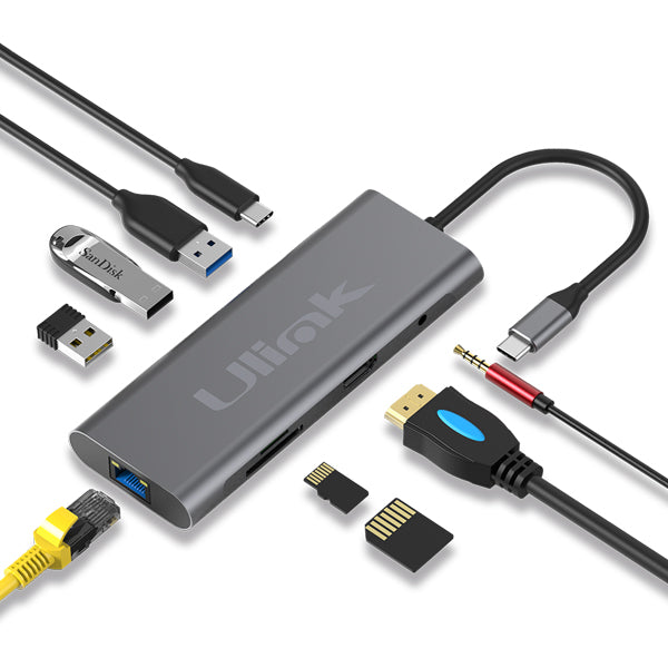 Adaptador multipuerto USB C 9 en 1 , HDMI*1, USB3.0*3, PD*1 ,SD*1, TF*1, LAN10/100/1000*1 , audio 3,5mm*1, aluminio / UL-ADC901