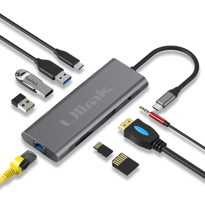 Adaptador multipuerto USB C 9 en 1 , HDMI*1, USB3.0*3, PD*1 ,SD*1, TF*1, LAN10/100/1000*1 , audio 3,5mm*1, aluminio / UL-ADC901