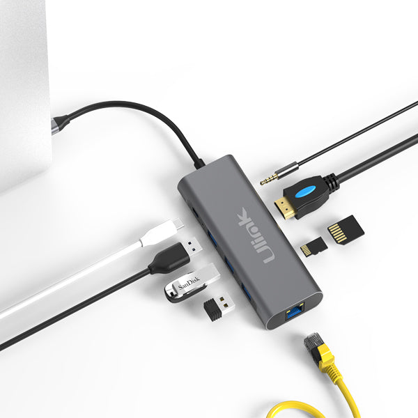 Adaptador multipuerto USB C 9 en 1 , HDMI*1, USB3.0*3, PD*1 ,SD*1, TF*1, LAN10/100/1000*1 , audio 3,5mm*1, aluminio / UL-ADC901