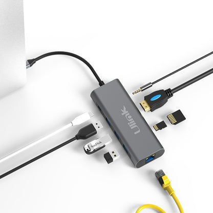 Adaptador multipuerto USB C 9 en 1 , HDMI*1, USB3.0*3, PD*1 ,SD*1, TF*1, LAN10/100/1000*1 , audio 3,5mm*1, aluminio / UL-ADC901